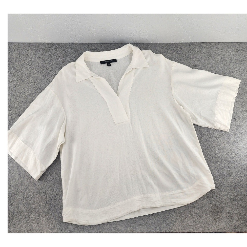 Marc New York White Linen Blend V-Neck Short Sleeve Polo Top Large Coastal Women